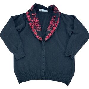 French Connection Black Lambswool Blend Cardigan Red Embroidery Beaded Sequins S